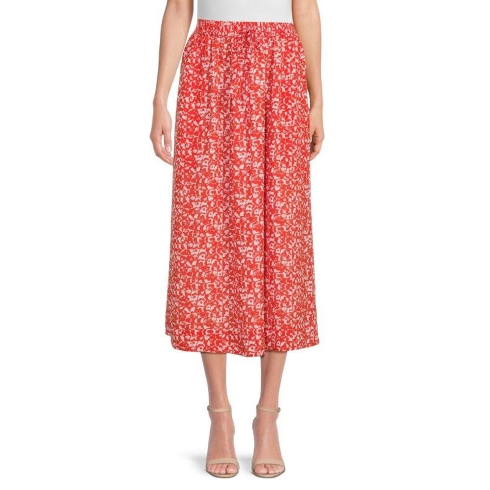Ganni Red Floral Print Pull On Midi Skirt Size 34/2 NWT